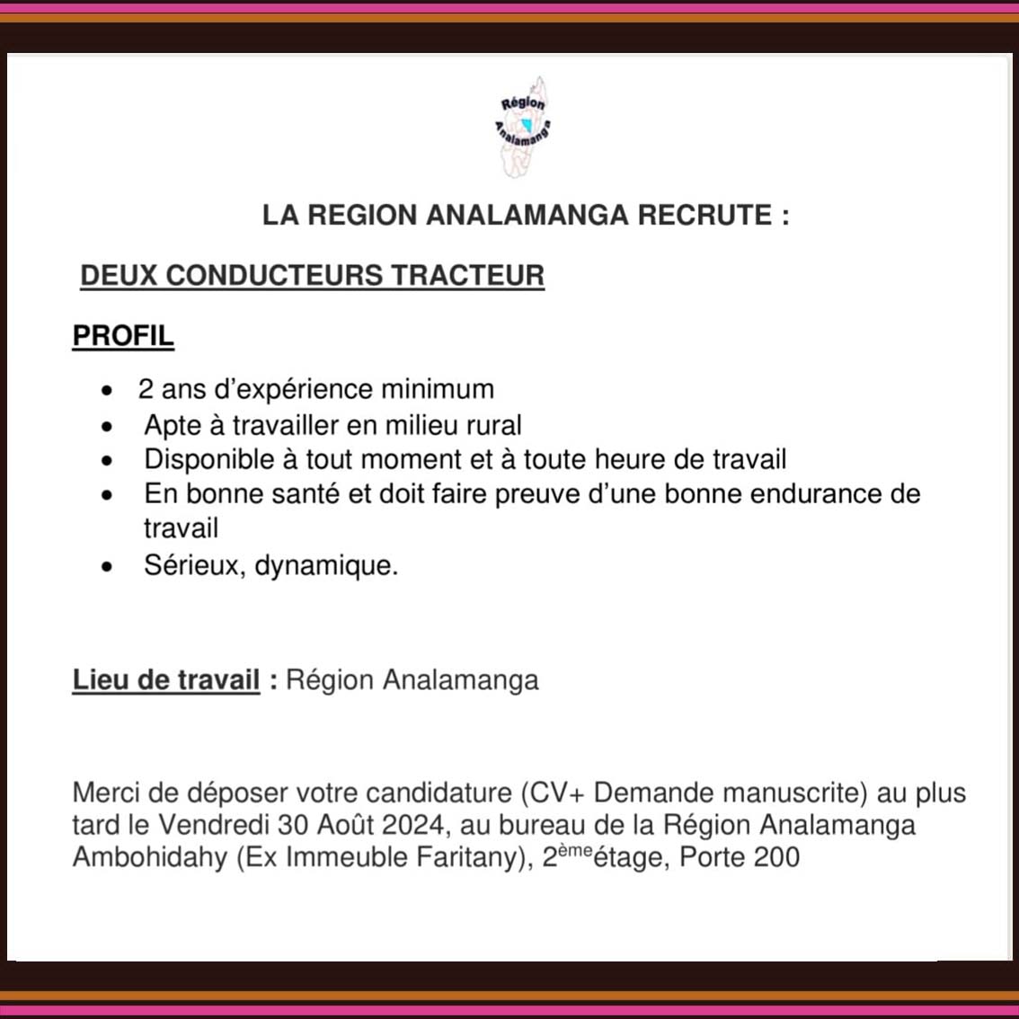 recrutement aout 2024 conducteurs tracteur