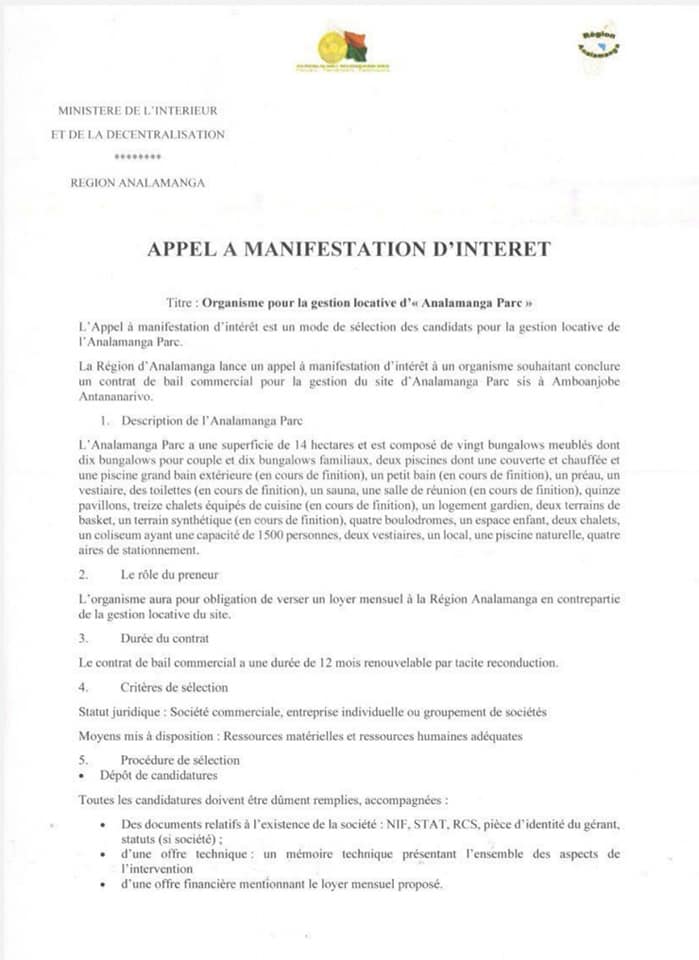 appel à manifestation d'intérêt Analamanga park 