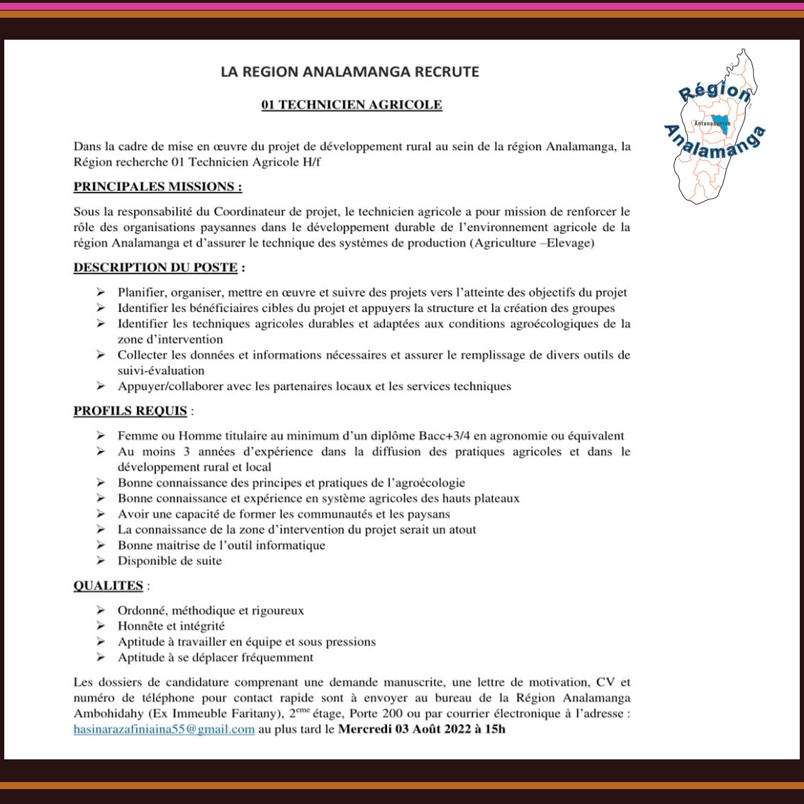 recrutement juillet 2022 technicien agricole